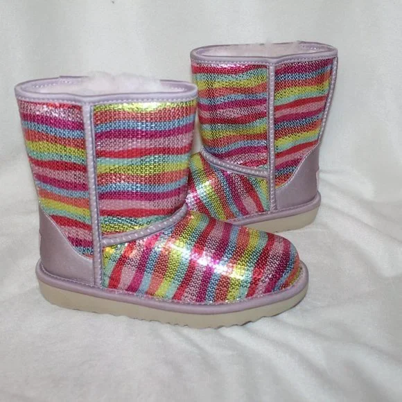 NIB UGG GIRL'S YOUTH SEQUIN RAINBOW CLASSIC SHORT SHEARLING LINED BOOTS - Picture 2 of 9
